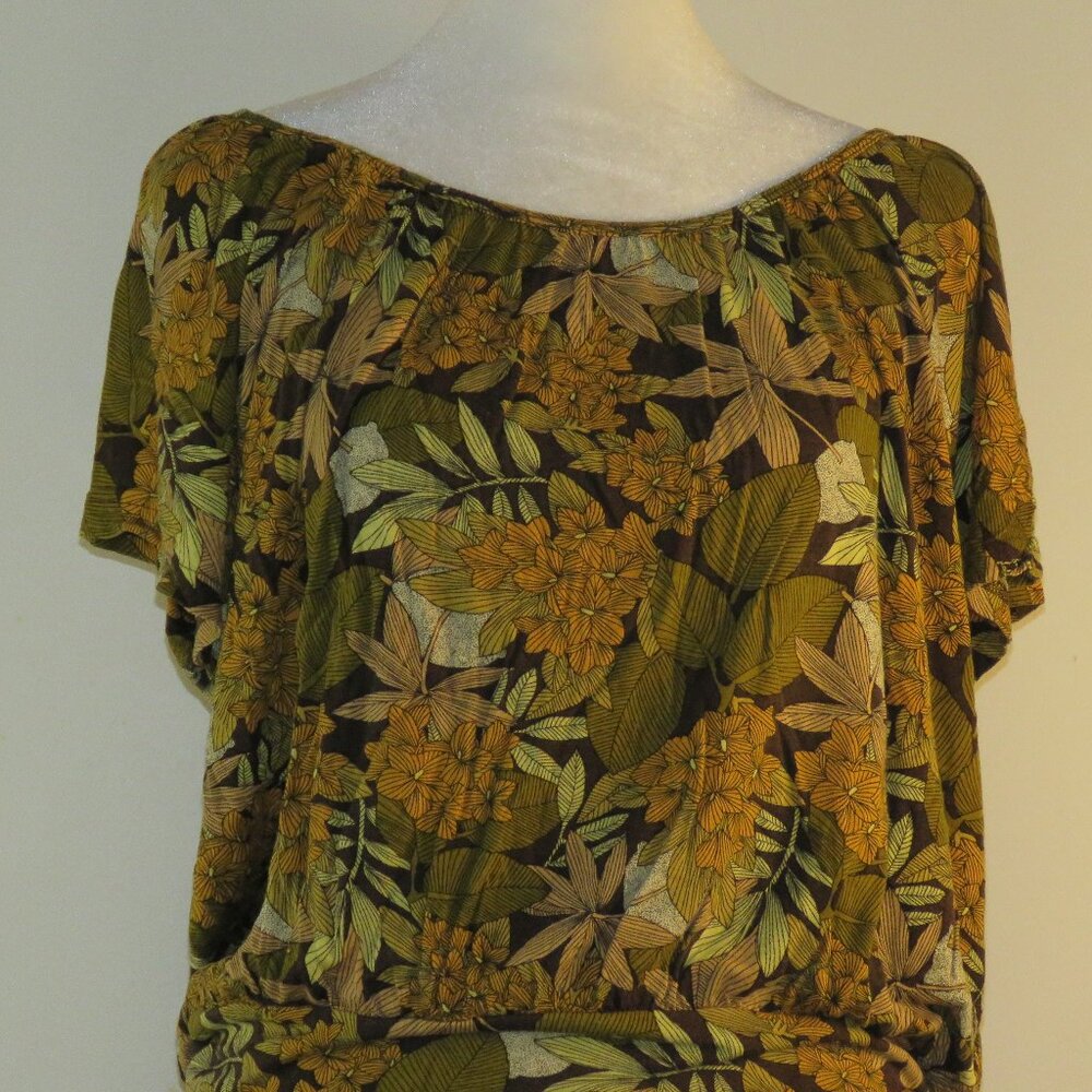 H&M Green & Brown Floral Leaf Print Short-Sleeve Pullover Top Size S (C1350)
